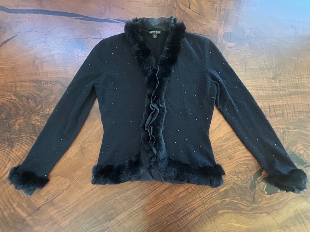 Lafayette 148 NY Petite Black Cashmere Wool Sequin Fur Trim Statement Cardigan S